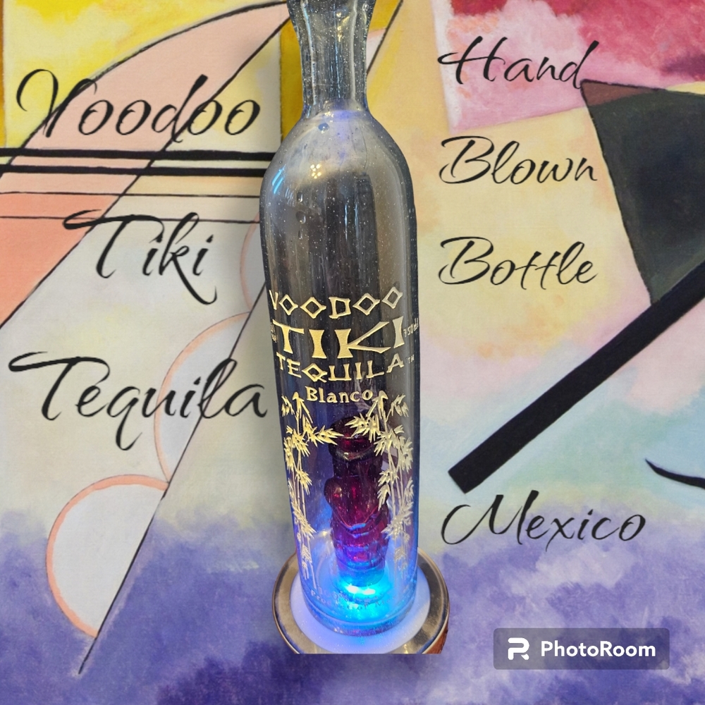 Hand blown glass-Voodoo Tiki Tequila bottle